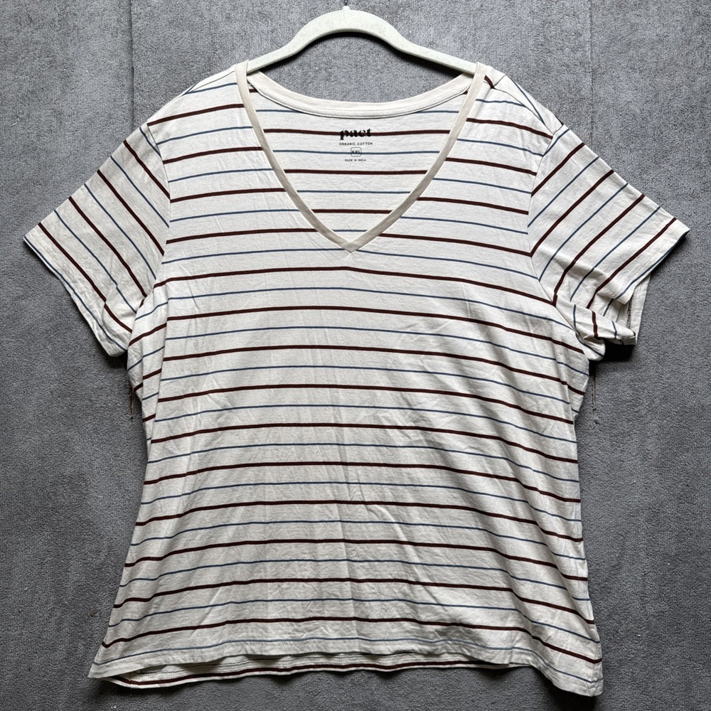 Pact Organic Cotton T-Shirt XXL White Stripe V-Neck Sustainable‎ Fair Trade Top